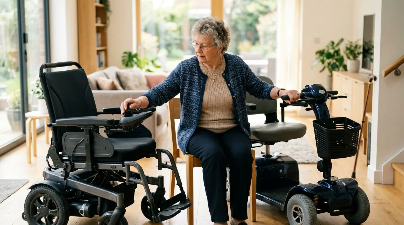 Older adult comparing tiller steering and joystick control on mobility devices