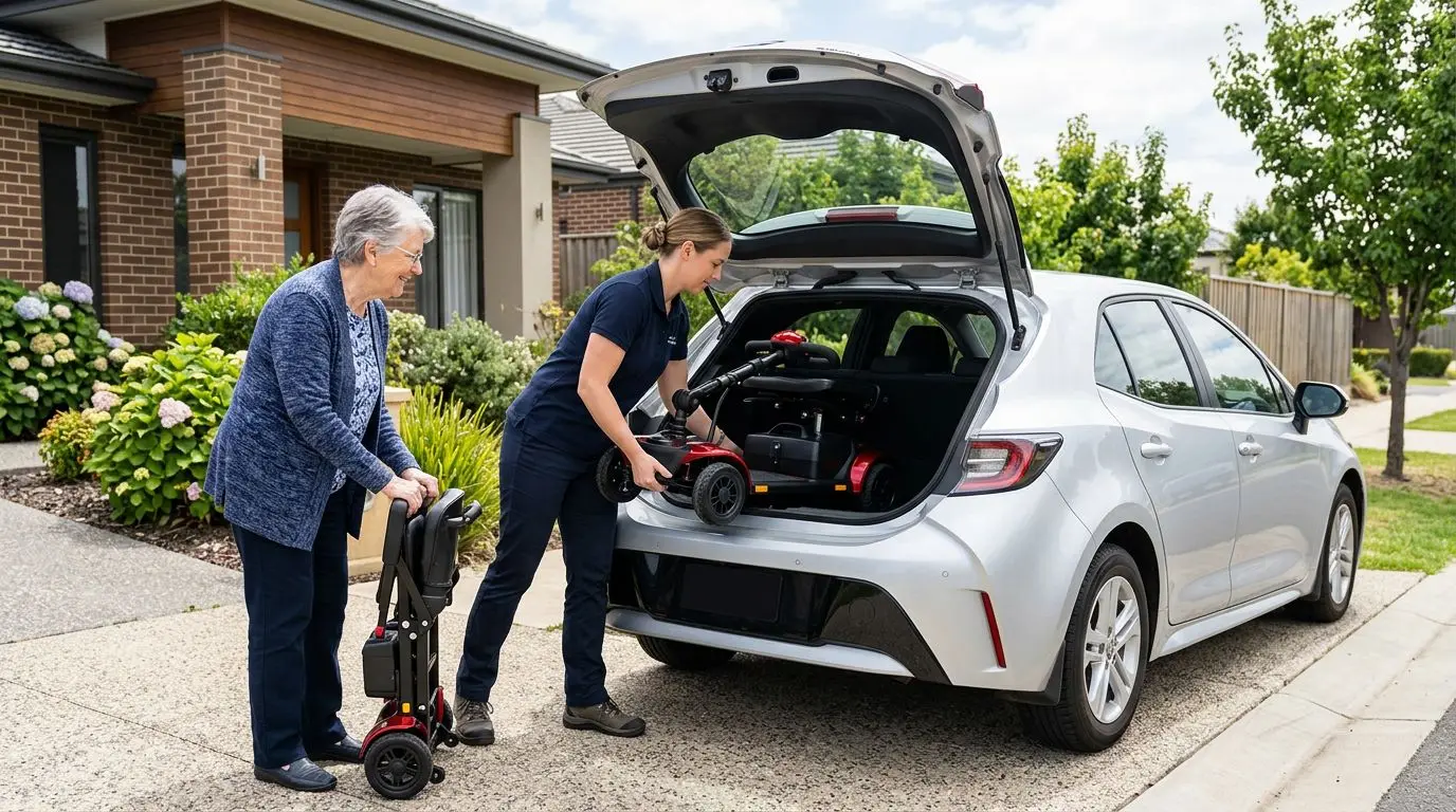 Senior adult preparing to load a lightweight mobility scooter into a car trunk