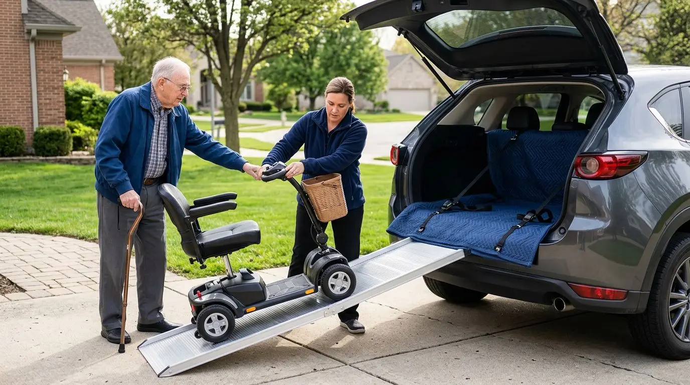 Caregiver helping load a mobility scooter into an SUV with a portable ramp and tie-down straps