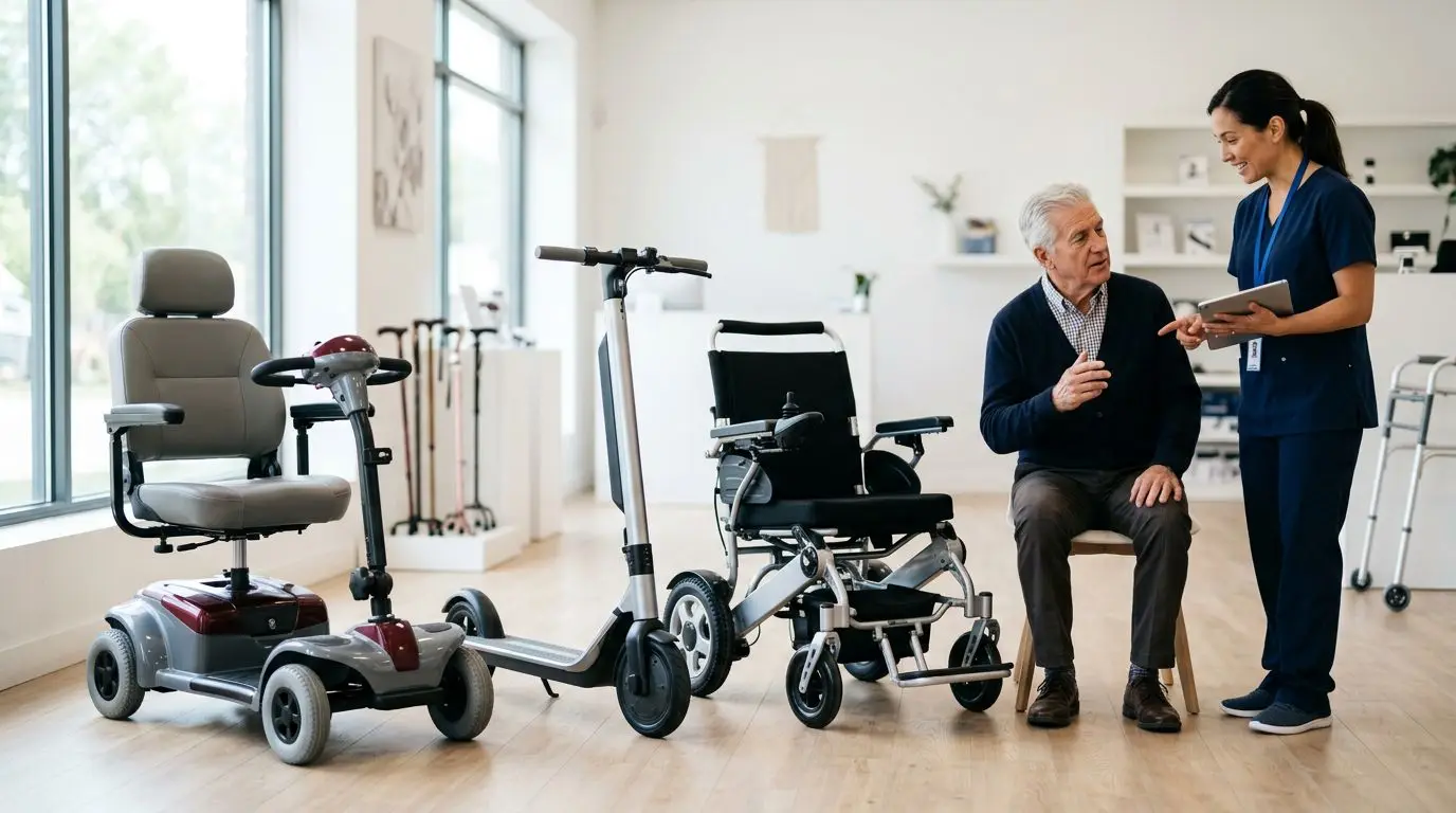 Medical mobility scooter, electric scooter, and power wheelchair shown side by side for comparison