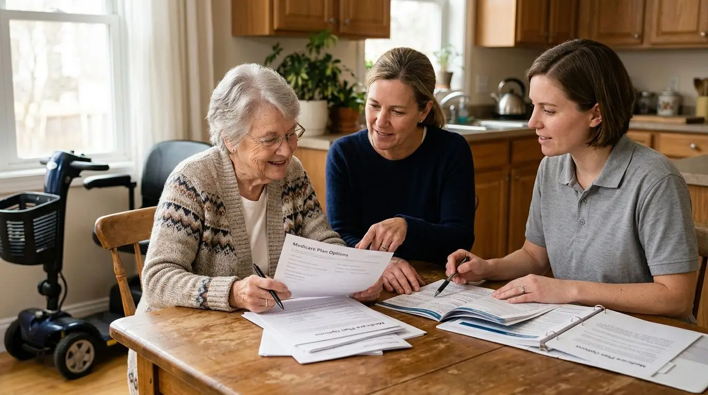 Older adult reviewing Medicare mobility scooter supplier paperwork with a caregiver