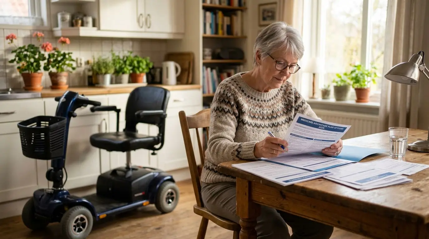 Senior reviewing Medicare paperwork beside a generic mobility scooter at home