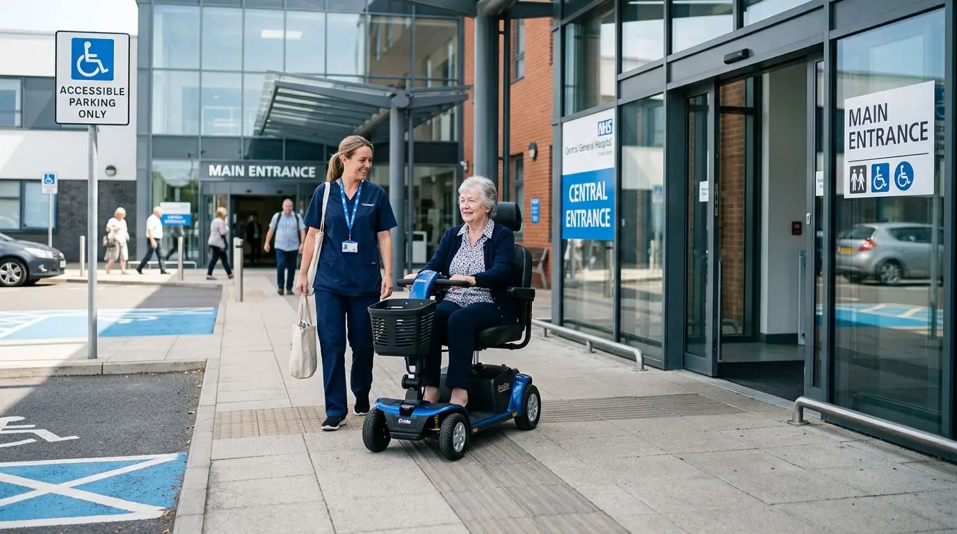Older adult on a mobility scooter approaching an accessible hospital entrance