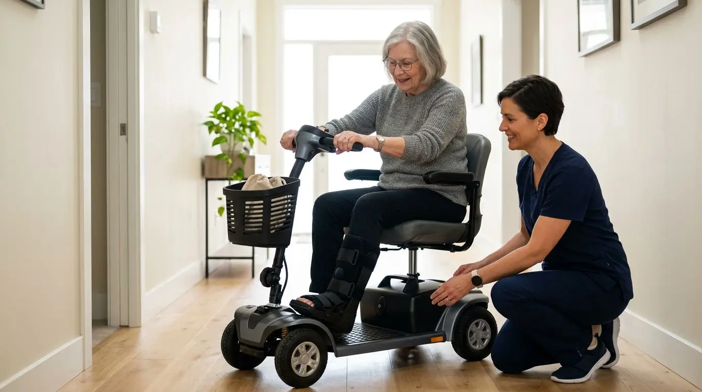 Older adult with a walking boot preparing to use a mobility scooter safely at home