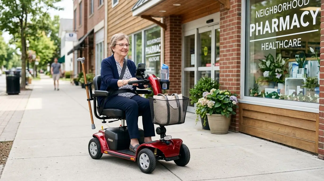 Older adult on a mobility scooter with practical errand attachments including a cane holder, cup holder, basket, and phone mount