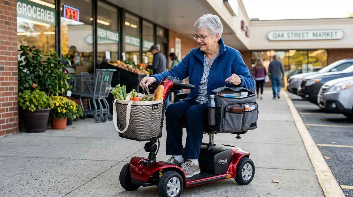 Older adult comparing a mobility scooter basket and storage bag outside a grocery store