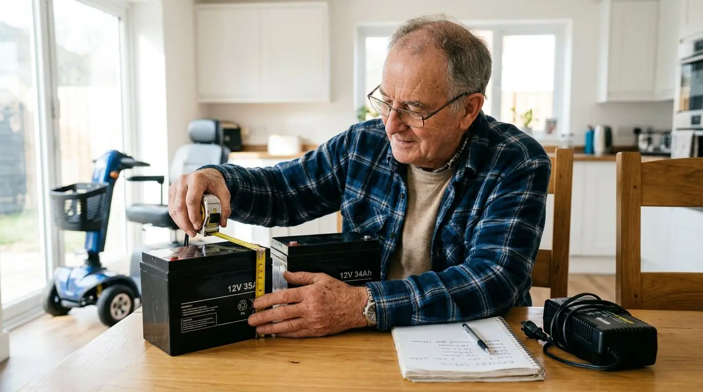 Older adult checking mobility scooter battery specifications with a tape measure and charger