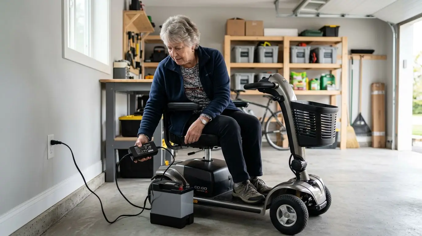 Older adult checking a mobility scooter battery charger label before charging