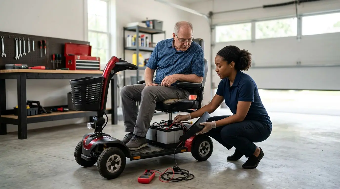 Caregiver safely checking a mobility scooter battery compartment with the charger unplugged