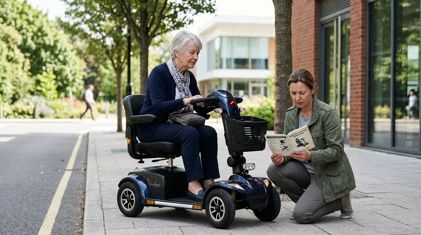 Older adult checking a flashing warning light on a mobility scooter with help from a caregiver