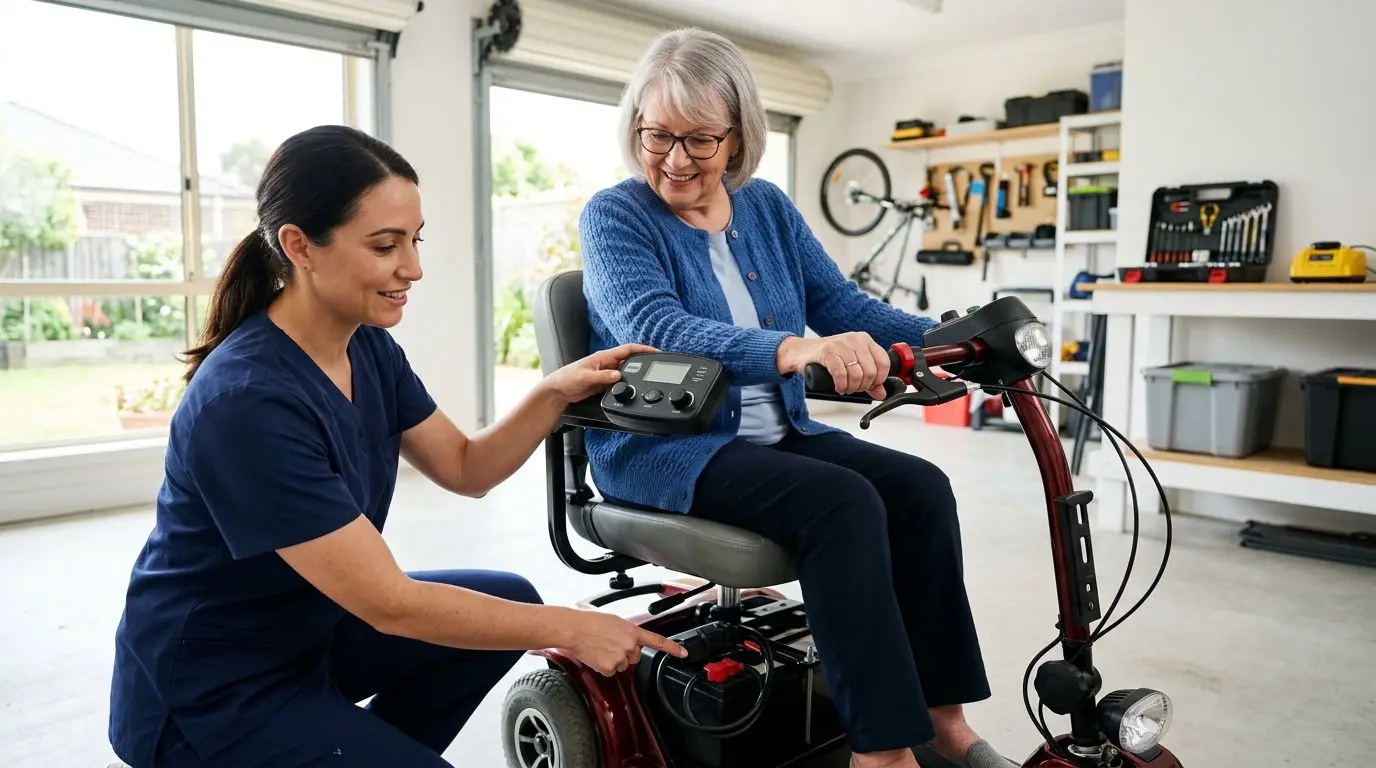 Caregiver checking a mobility scooter battery connection and brake lever during troubleshooting