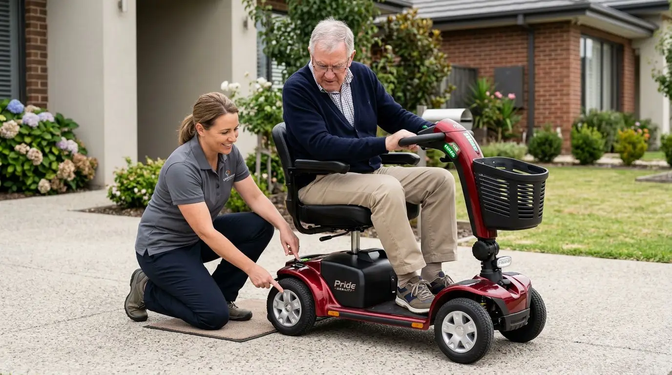 Caregiver checking a mobility scooter battery and brake lever on a level driveway