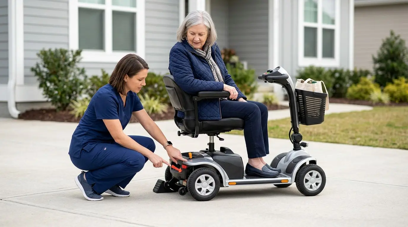 Older adult and caregiver checking the freewheel lever on a parked mobility scooter