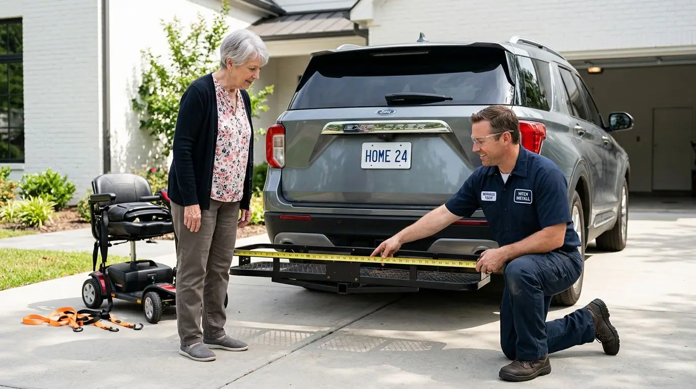 Older adult checking hitch weight and fit for a mobility scooter carrier on a vehicle