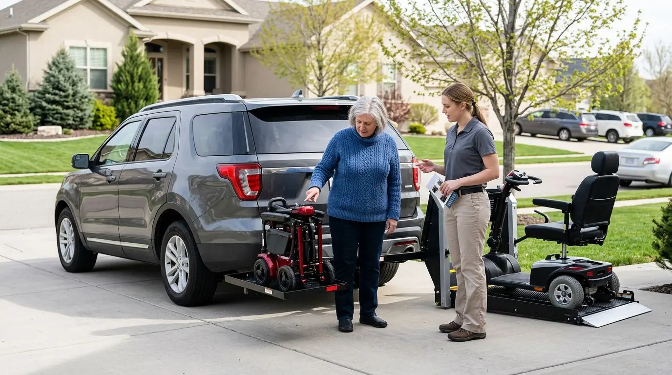 Older adult comparing a mobility scooter hitch carrier and powered vehicle lift beside an SUV