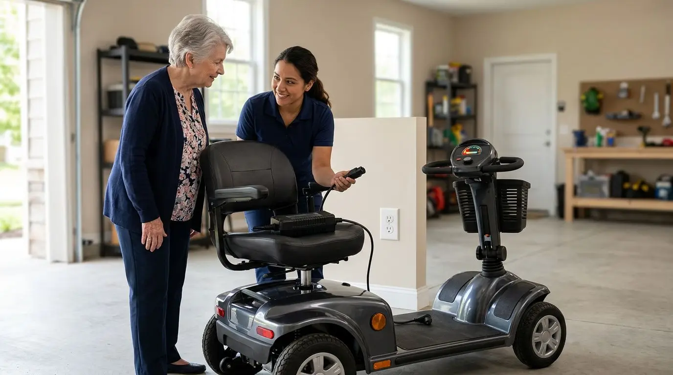 Older adult safely troubleshooting a mobility scooter charger at home