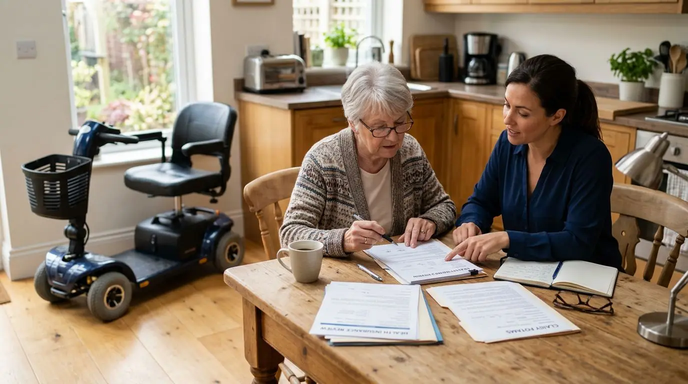 Older adult reviewing a denied mobility scooter insurance claim at home