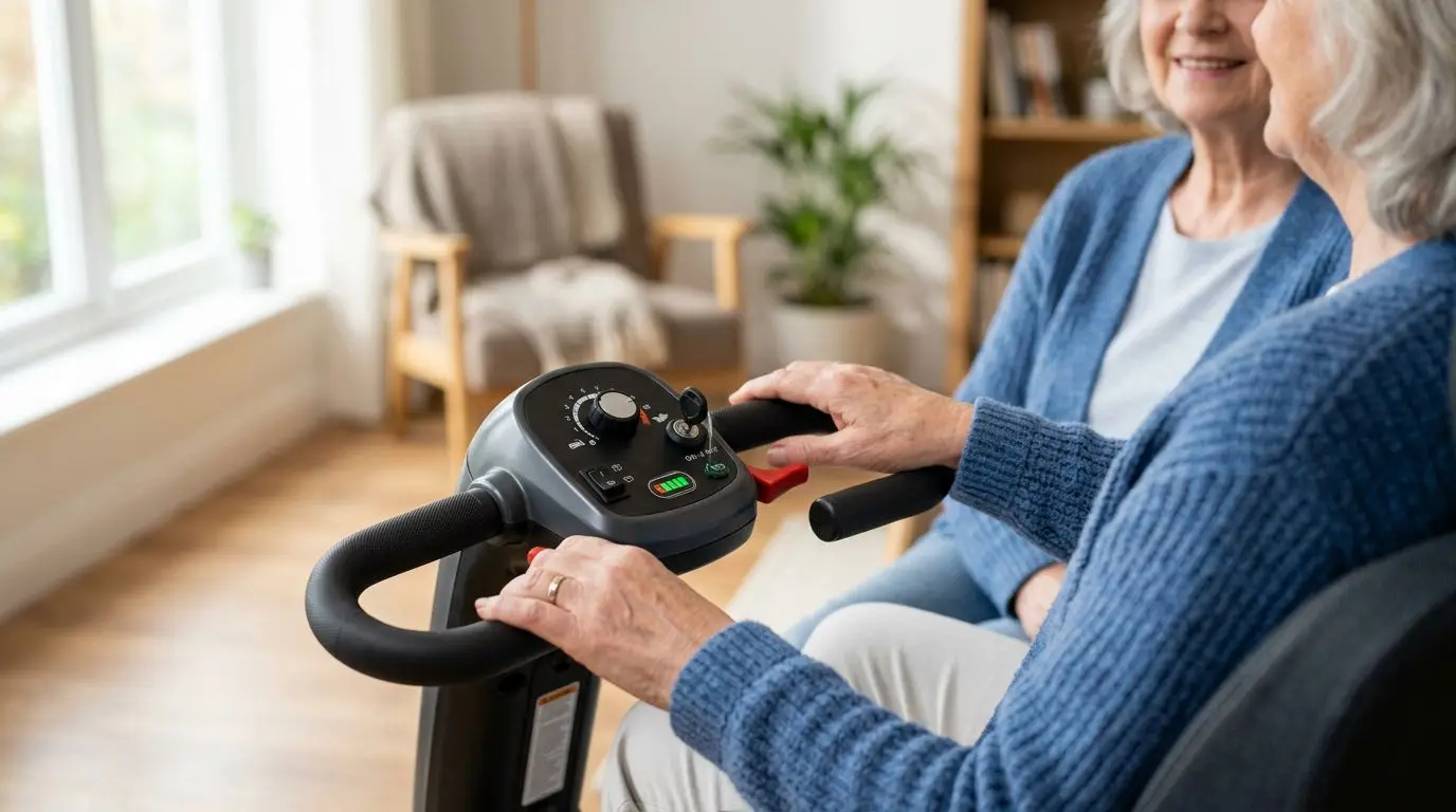 Older adult using easy-to-reach mobility scooter controls on an adjustable tiller