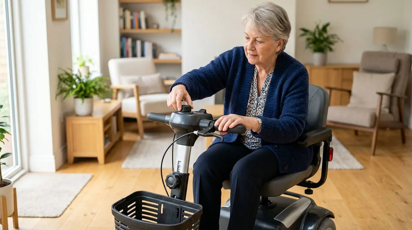 Older adult checking mobility scooter tiller fit and hand controls