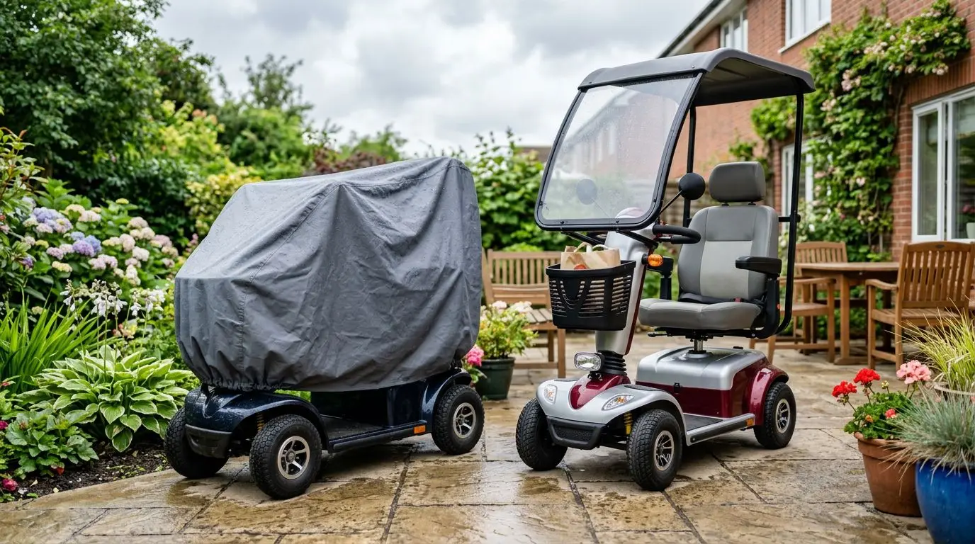 Mobility scooter with storage cover and another scooter with an overhead canopy for weather protection