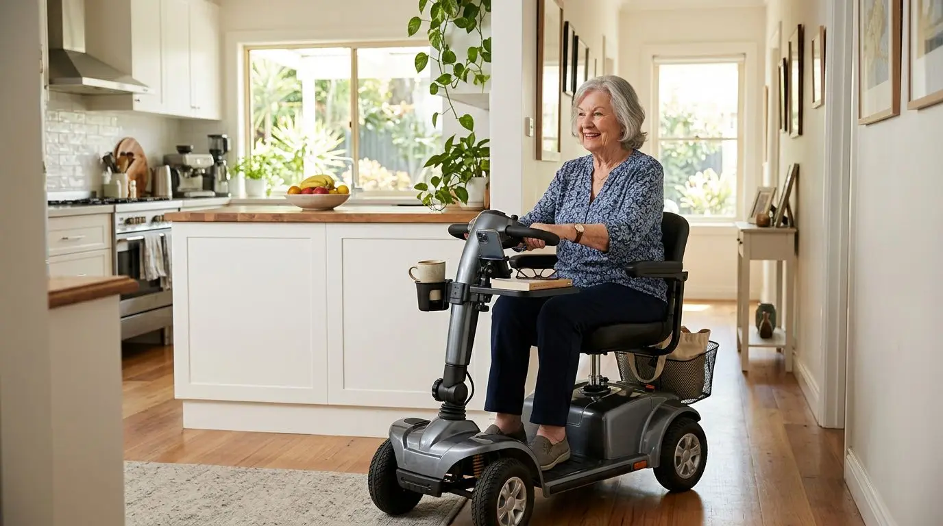 Mobility scooter with cup holder, tray, and phone mount positioned clear of the steering controls