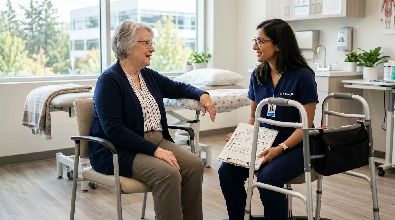 Older adult discussing a Medicare mobility scooter evaluation with a clinician