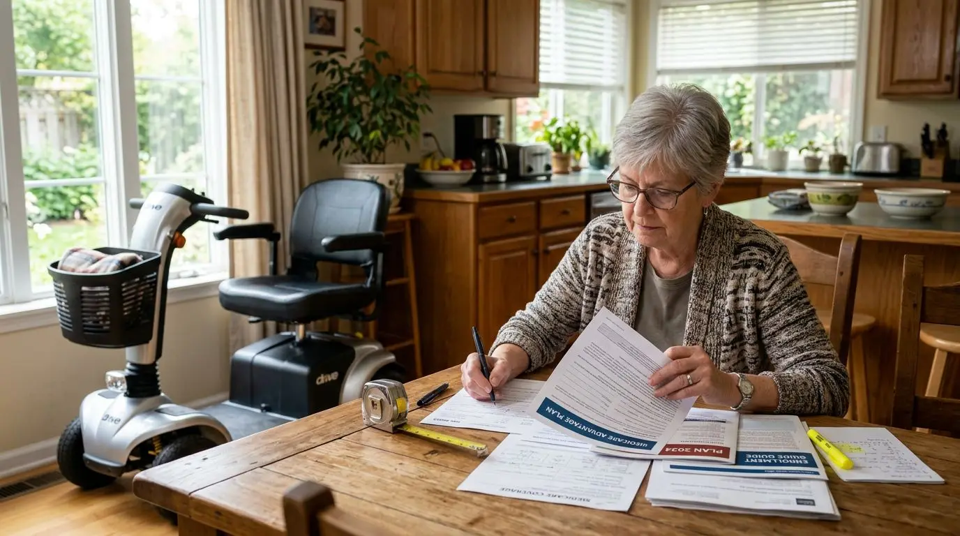 Senior reviewing mobility scooter insurance paperwork at home
