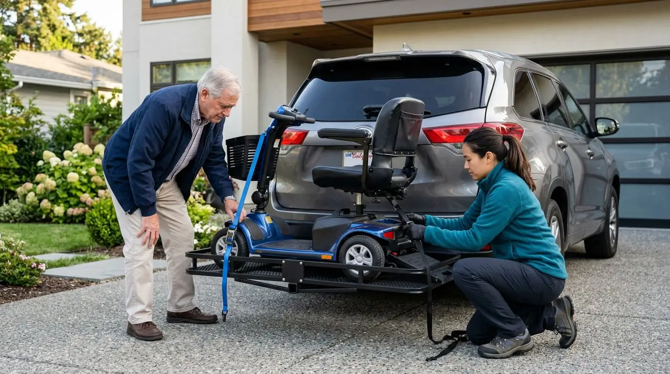 Older adult and caregiver checking a mobility scooter on a rear hitch carrier