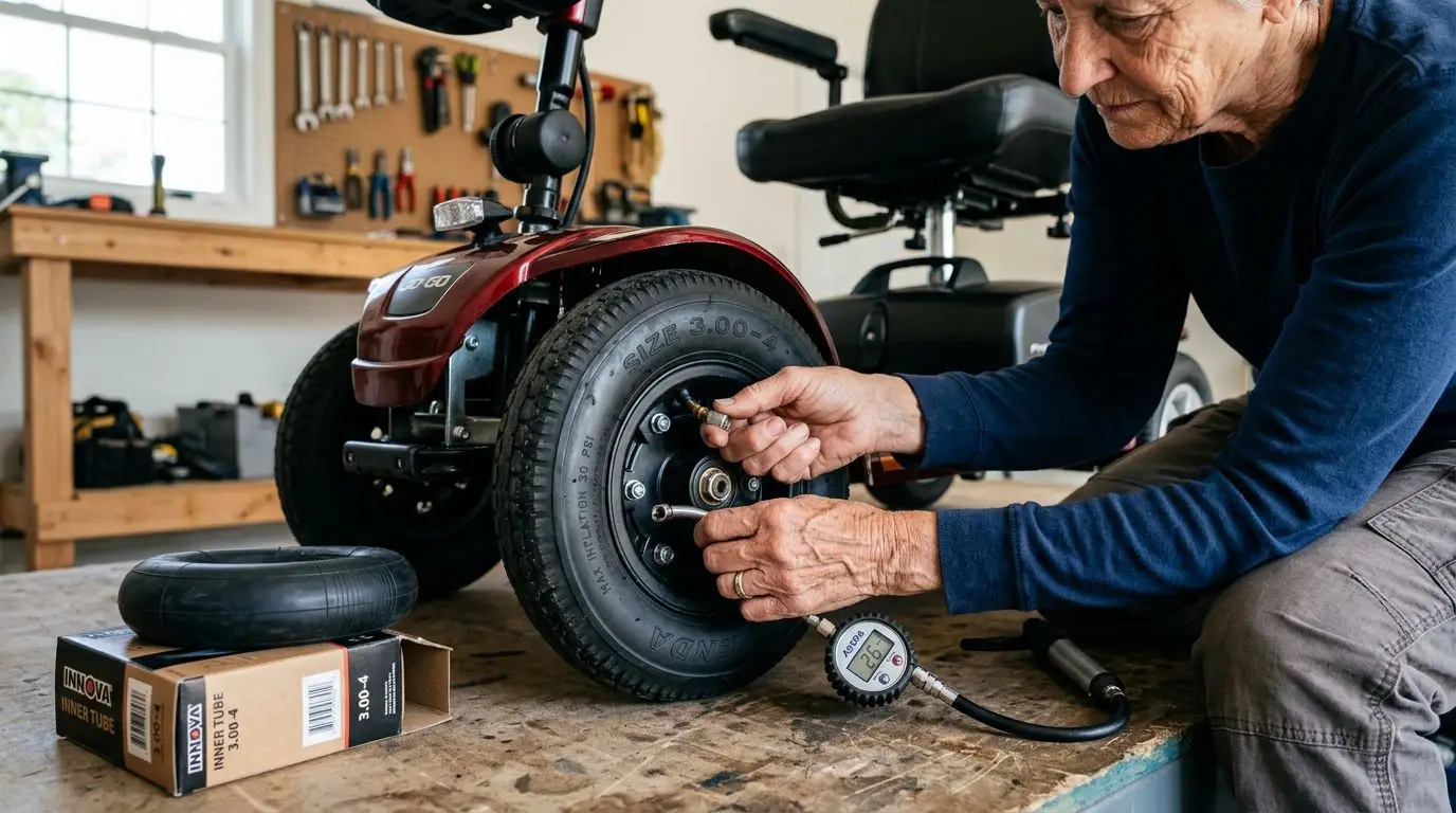Hands checking the valve and tire size on a mobility scooter wheel