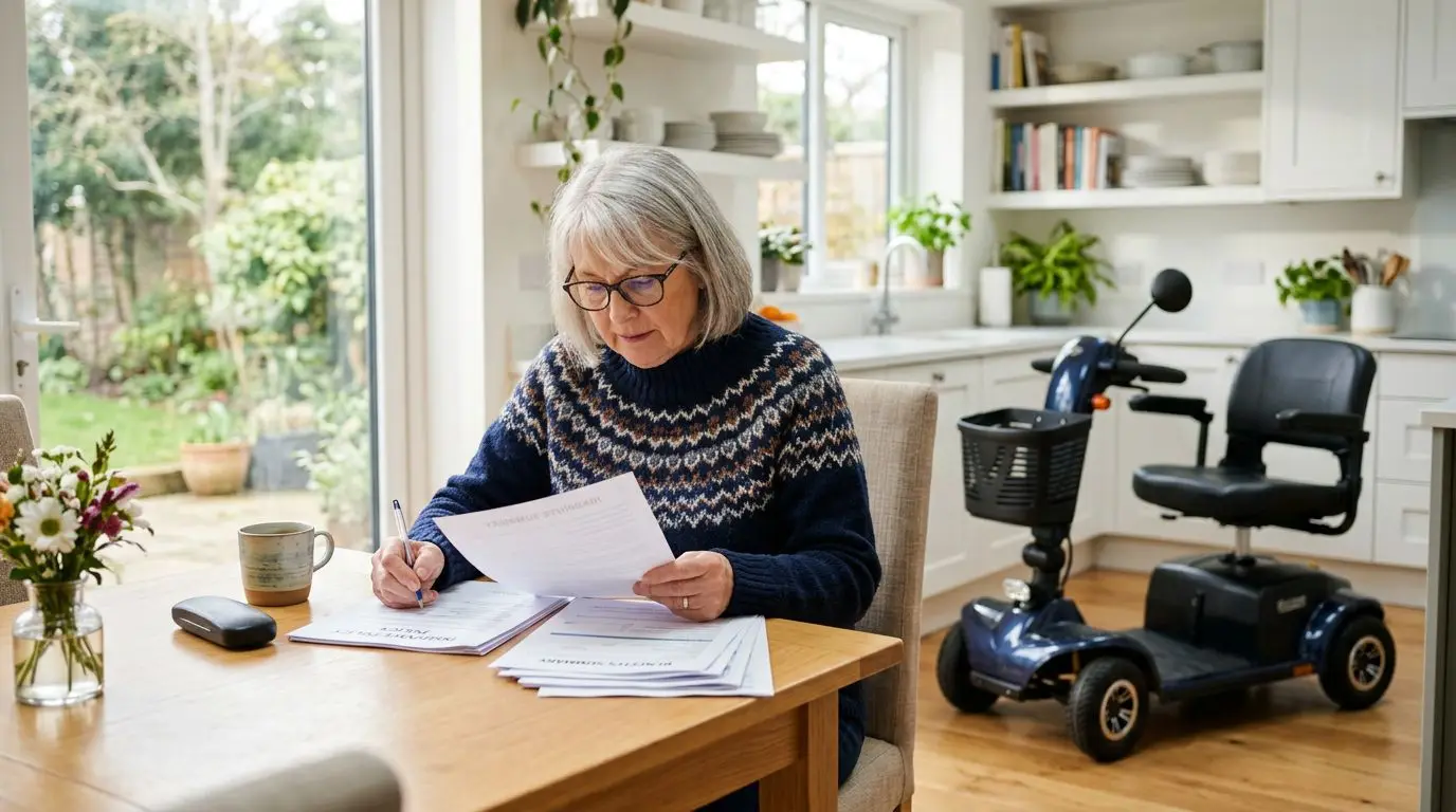 Senior reviewing mobility scooter insurance paperwork beside a mobility scooter