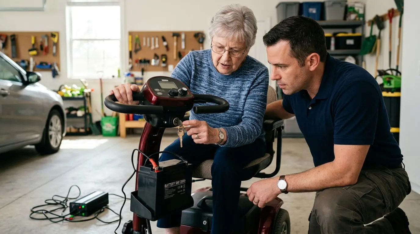 Caregiver checking the key ignition and battery area on a mobility scooter that will not turn on