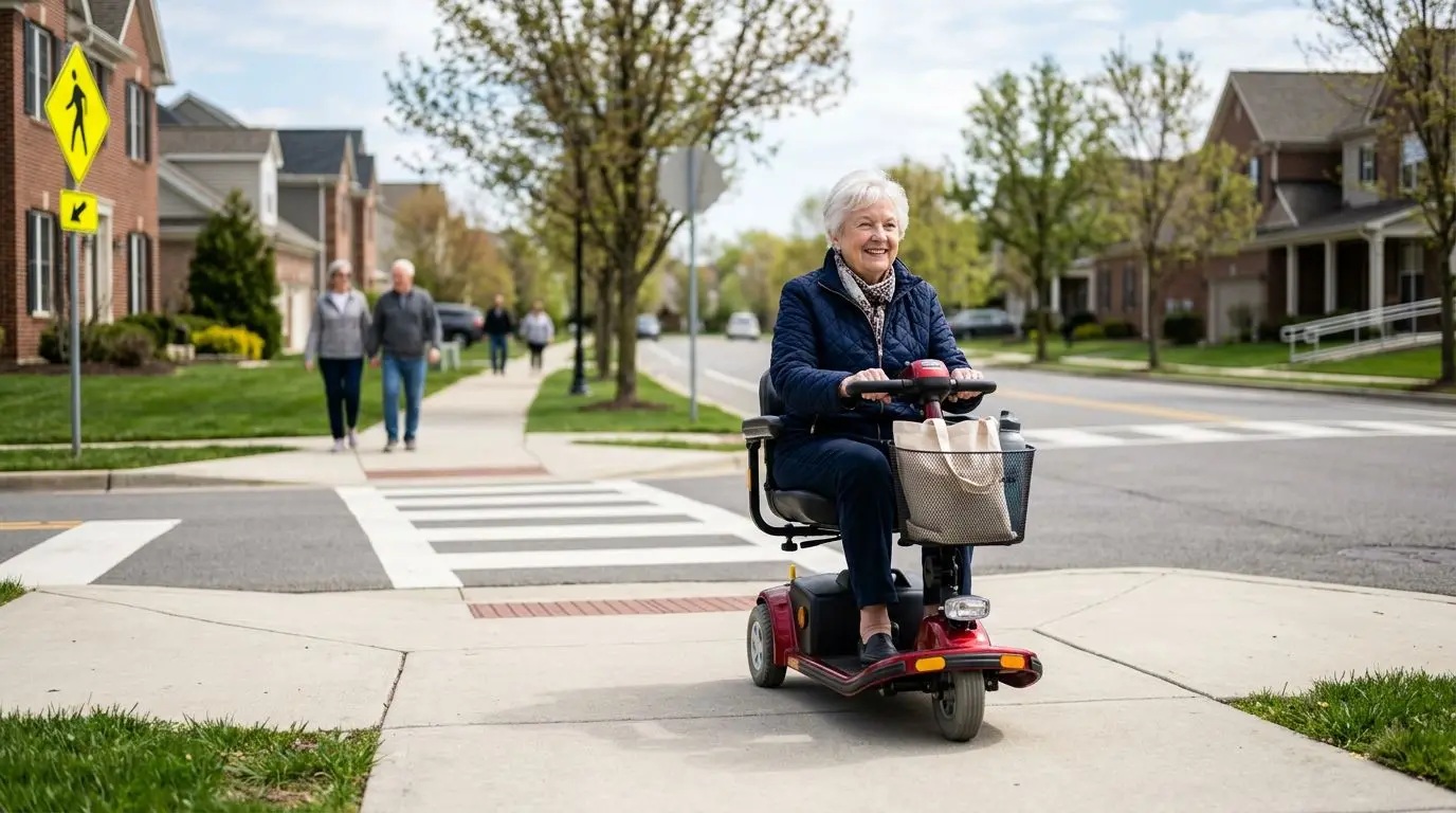 Older adult using a mobility scooter on a sidewalk near a crosswalk