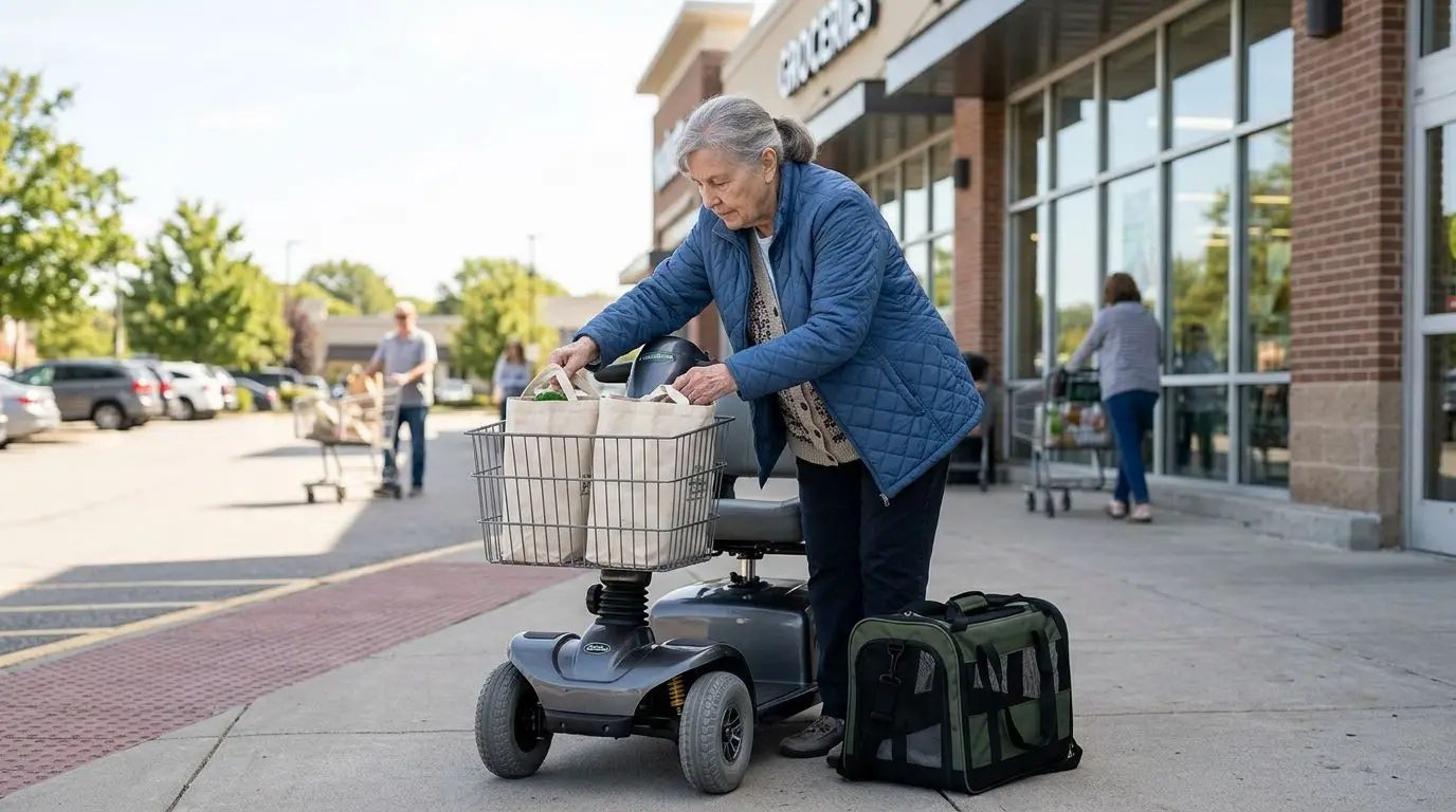 Older adult safely loading grocery bags into a mobility scooter basket with a secured pet carrier nearby