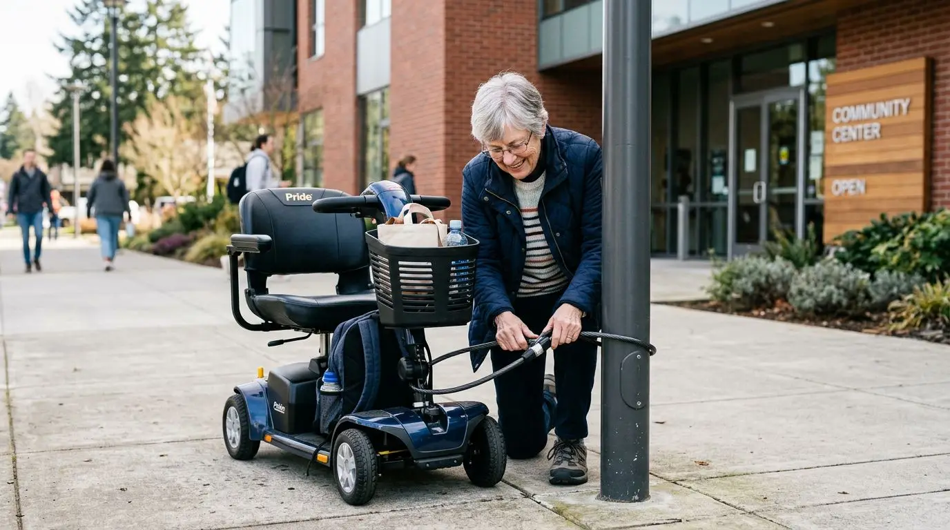 Senior locking a mobility scooter to a metal post for parking security