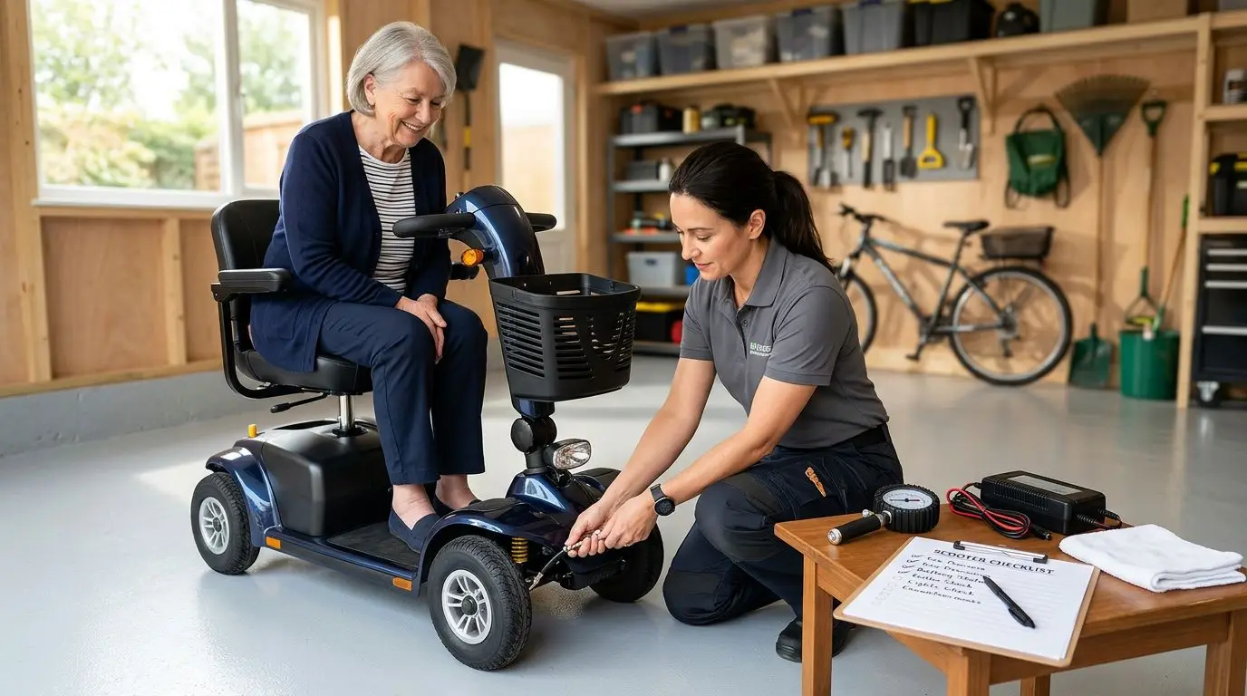 Older adult checking a mobility scooter maintenance checklist in a garage