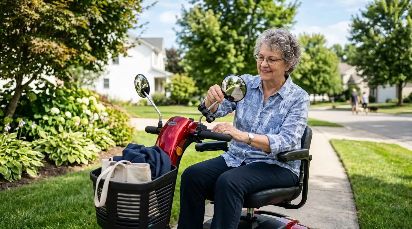 Older adult adjusting a rear-view mirror on a mobility scooter