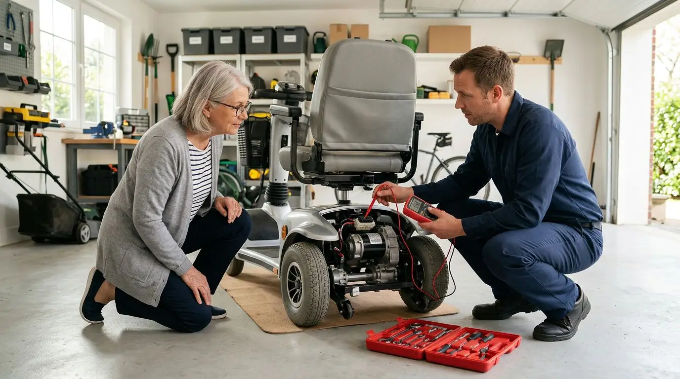 Technician inspecting the motor area of a generic mobility scooter in a home garage