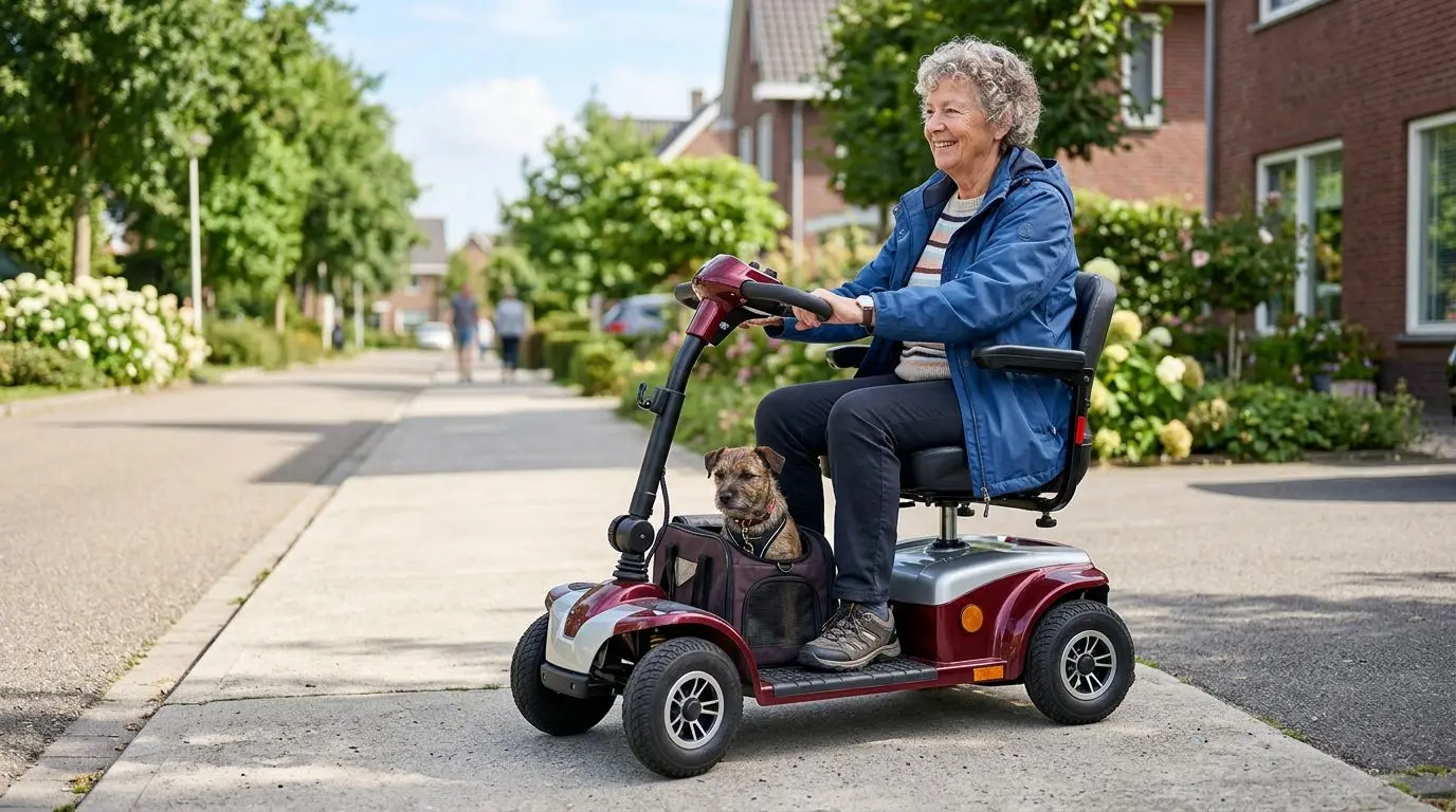 Older adult using a mobility scooter with a small dog secured in a low pet carrier