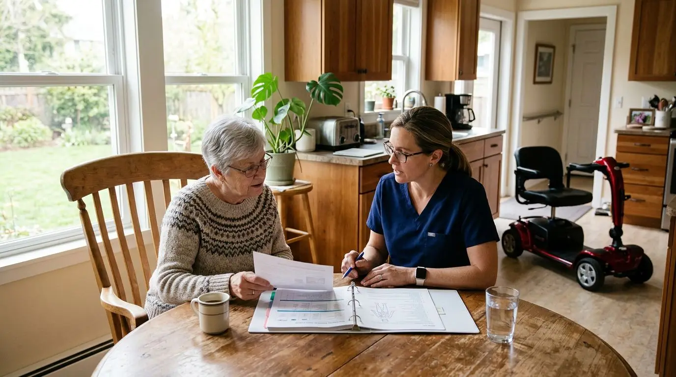 Doctor reviewing mobility scooter insurance paperwork with an older adult at home