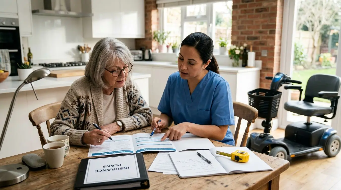 Older adult reviewing mobility scooter insurance paperwork at home