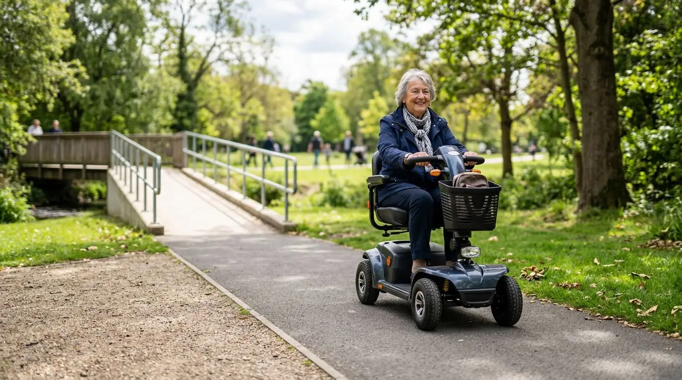 Older adult using a mobility scooter on a paved outdoor path near a gentle ramp, grass, and gravel