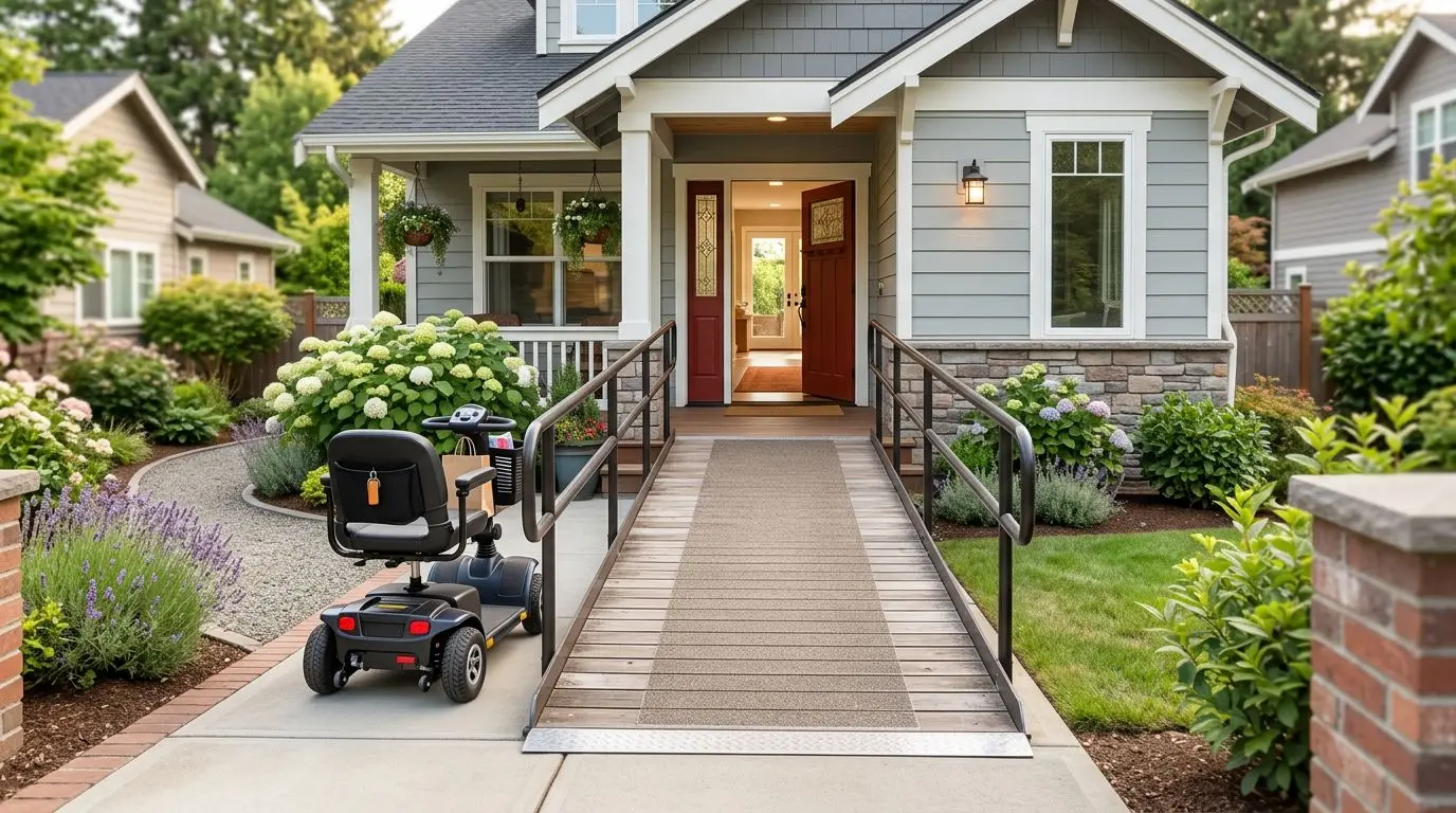 Mobility scooter near a home entry ramp over a small doorway threshold