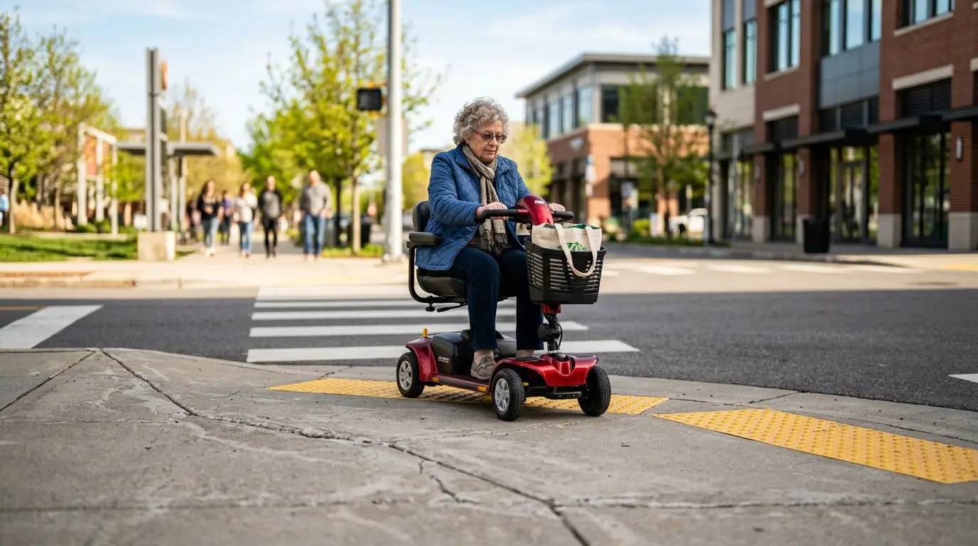 Older adult using a mobility scooter carefully at a curb cut on an outdoor sidewalk
