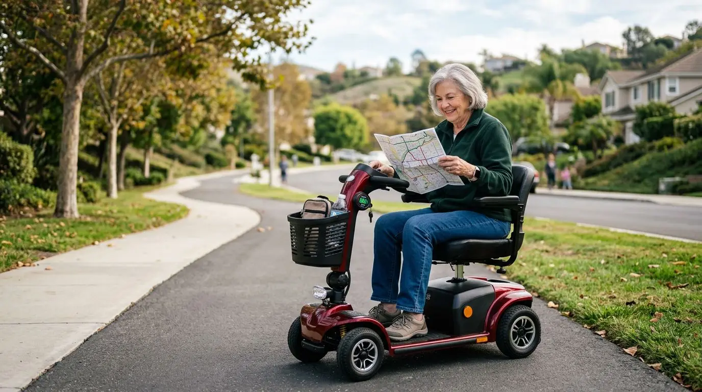 Older adult planning a mobility scooter trip while checking battery range on a neighborhood path
