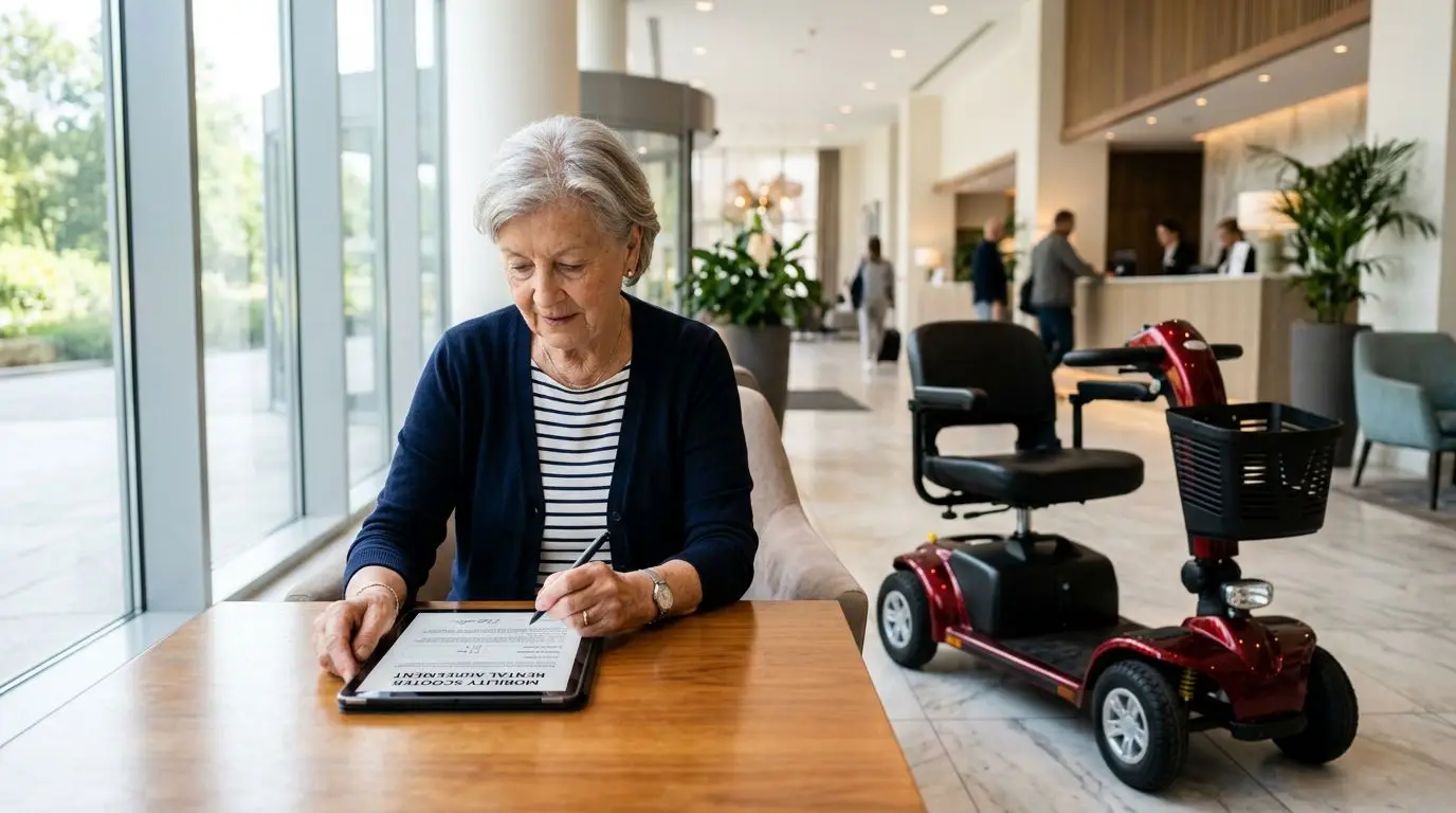 Senior adult comparing mobility scooter rental costs beside a scooter in a hotel lobby