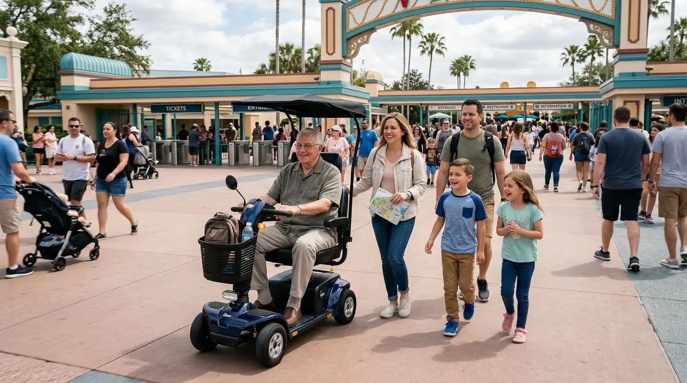 Older adult using a mobility scooter with family at a theme park entrance
