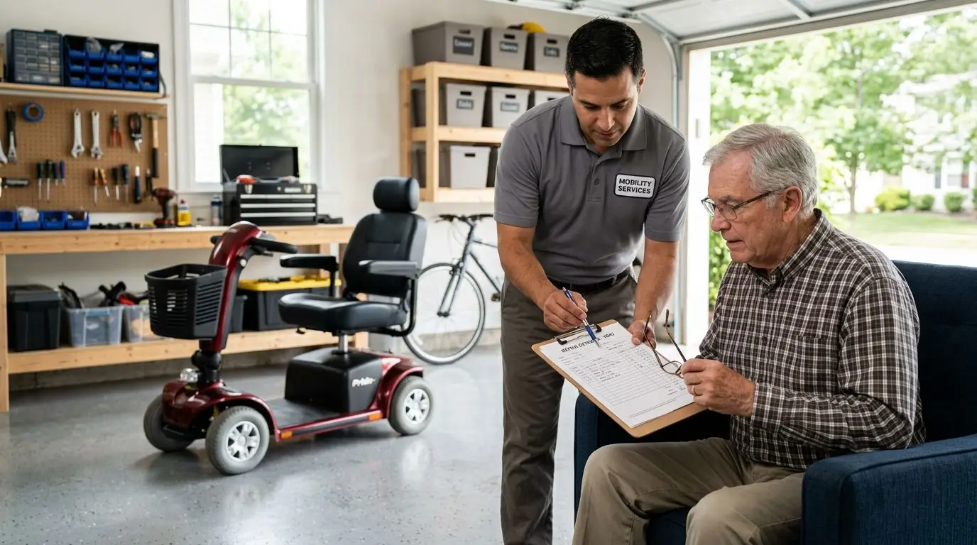 Senior reviewing a mobility scooter repair estimate with a technician beside an unbranded scooter
