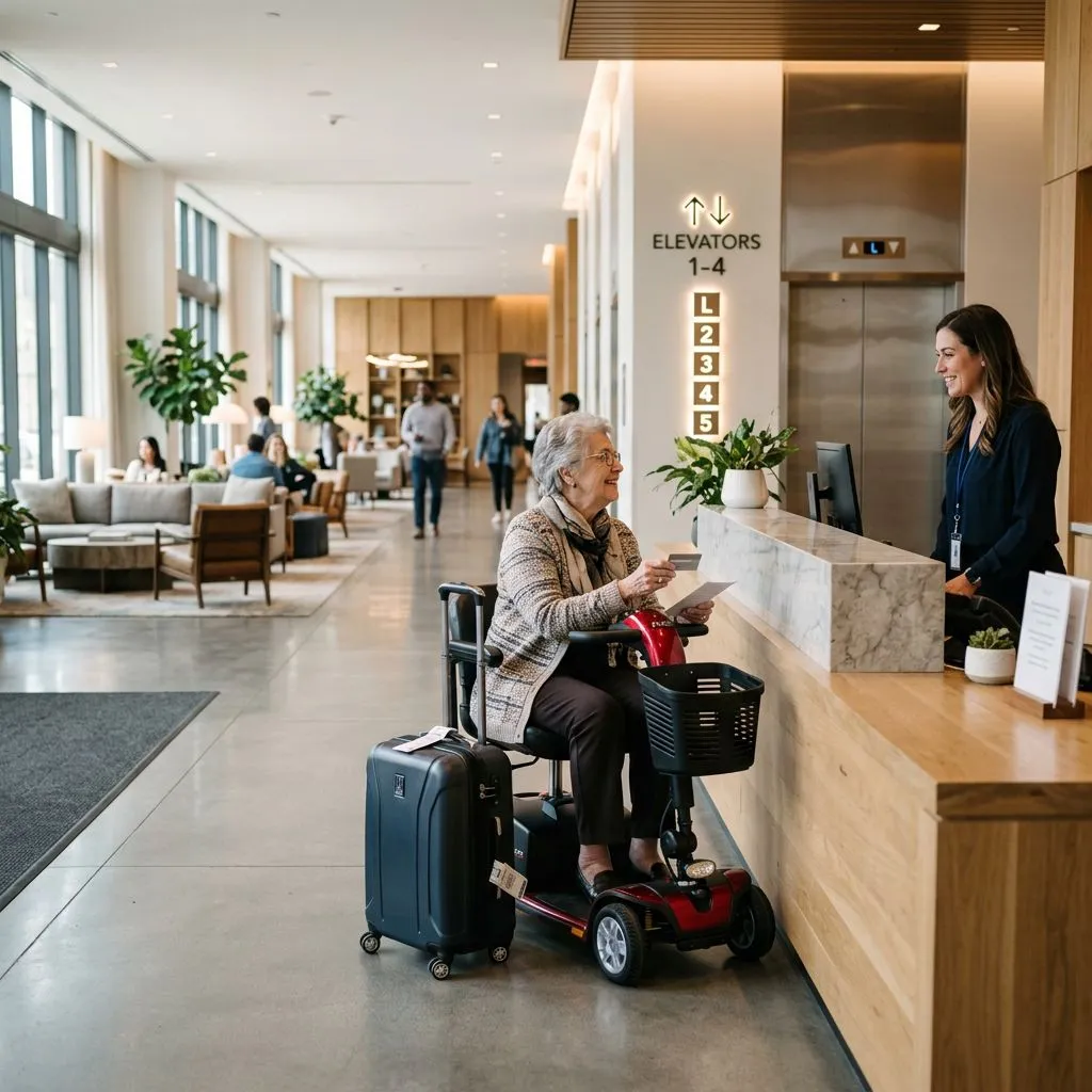 Senior traveler on a mobility scooter checking in at an accessible hotel lobby