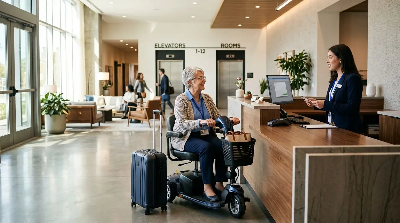 Senior traveler on a mobility scooter checking in at an accessible hotel lobby