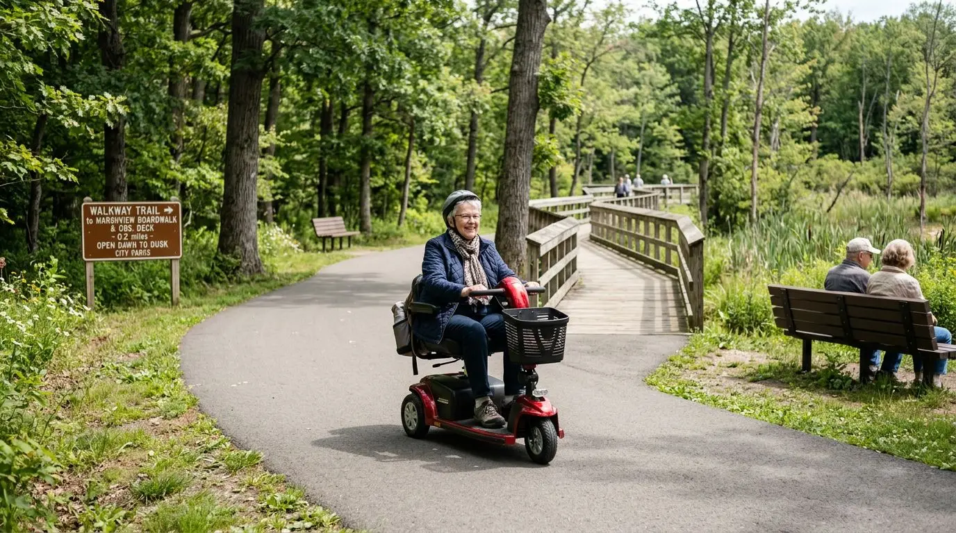 Older adult on a mobility scooter using a paved public park trail near a boardwalk and trail signs